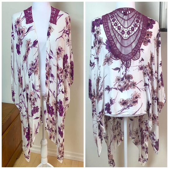 Lane Bryant Other - Lane Bryant Floral Crochet Open Front Wrap Kimono Cover Up One Size White Purple